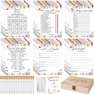 Bridal Shower Games Set for 50 Guests Includes Bingo, He Said She Said, Scramble, Would She Rather, Advice and Wishes Wedding Games Double Sided with Wooden Box, 20 Pencils(Wildflowers)