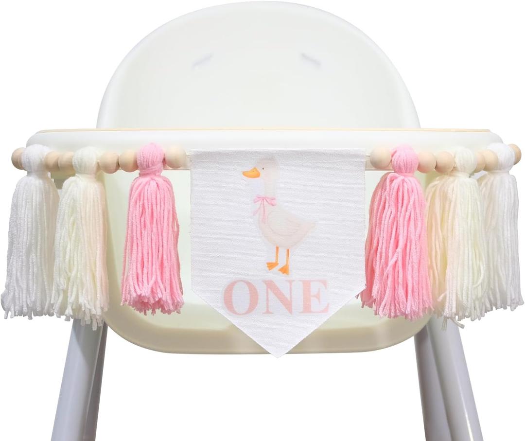 BOOMPA 1st Birthday High Chair Banner, Pink and White Tassel Garland, 40 inches, Girls Party Decoration (Pink-Y)
