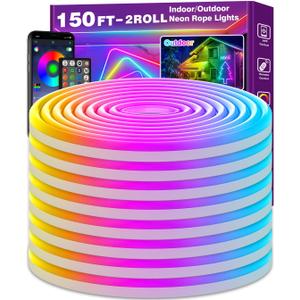 NUERPO 150Ft Neon Rope Lights, Flexible Led Rope Lights Control with App/Remote, Multiple Modes Light,IP65 Outdoor RGB Led Light Waterproof (150Ft Neon Rope Lights)