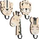 Qunclay 4 Pcs Safari Animal Wall Hooks for Kids, Wooden Jungle Baby Safari Nursery Decor Hooks, Cute Lion Zebra Giraffe Hanger for Childs Nursery Bathroom Bedroom Home Decor