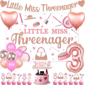 Jollyboom Threenager Birthday Decorations Girl, Little Miss Threenager 3rd Birthday Decorations Backdrop Banner Cake Topper Number 3 Heart Foil Balloon for Makeup 3 Year Old Bday Party Rose Gold
