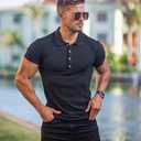 Collared Muscle Polo Shirts Men Slim Fit Textured Knit Polo Shirts Short Sleeve Button Down Shirts Casual Stylish (Black, L)