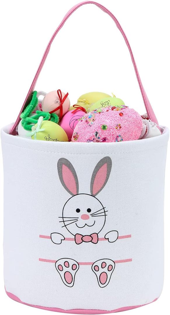 XinblueCo Baseball Basket Easter Baskets for Canvas Easter Egg Hunt Baskets (Pink Bunny)