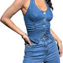 OYOANGLE Women's Vintage Denim Crop Tank Button Front Sleeveless Halter Jean Vest (Small, Dark Wash)