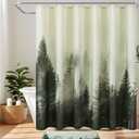 Mountain Forest Shower Curtain –Heavy Blend Linen Fabric, Black & Green Nature Tree, Foggy Woodland Bathroom Curtain, 72x72 Inch, Includes 12 Metal Hooks.