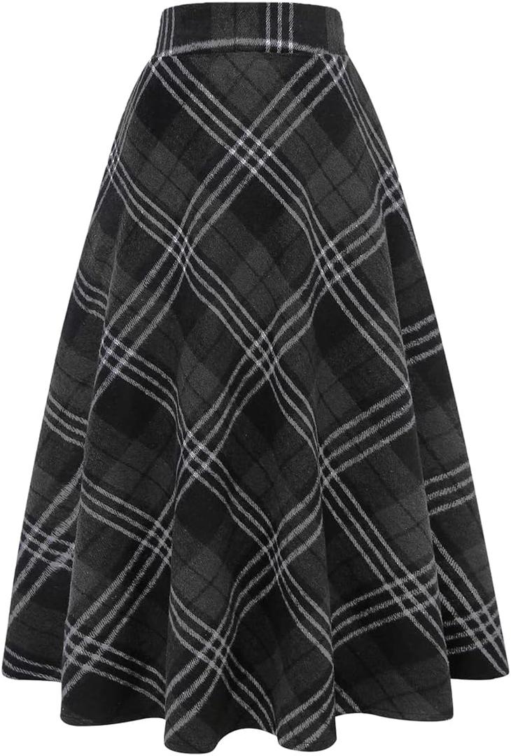 IDEALSANXUN Womens Plaid Wool Skirts Elastic Waist A-Line Pleated Tartan Long Skirts, 3X-Large