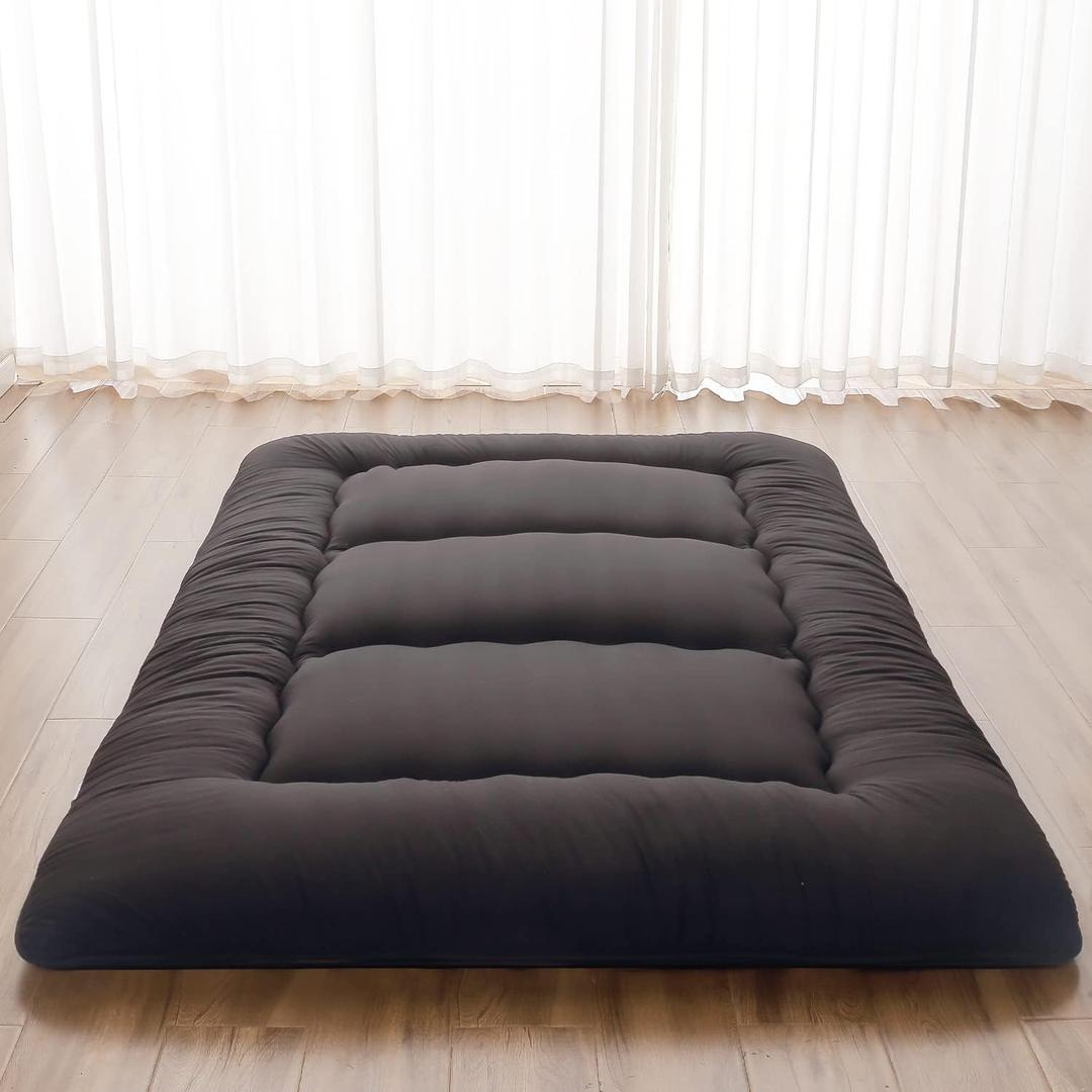 Japanese Floor Mattress, Futon Mattress with Portable Storage Bag and Washable Cover, Roll Up Thick Tatami Mat Suitable for Camping, Guest Room, Black, Twin