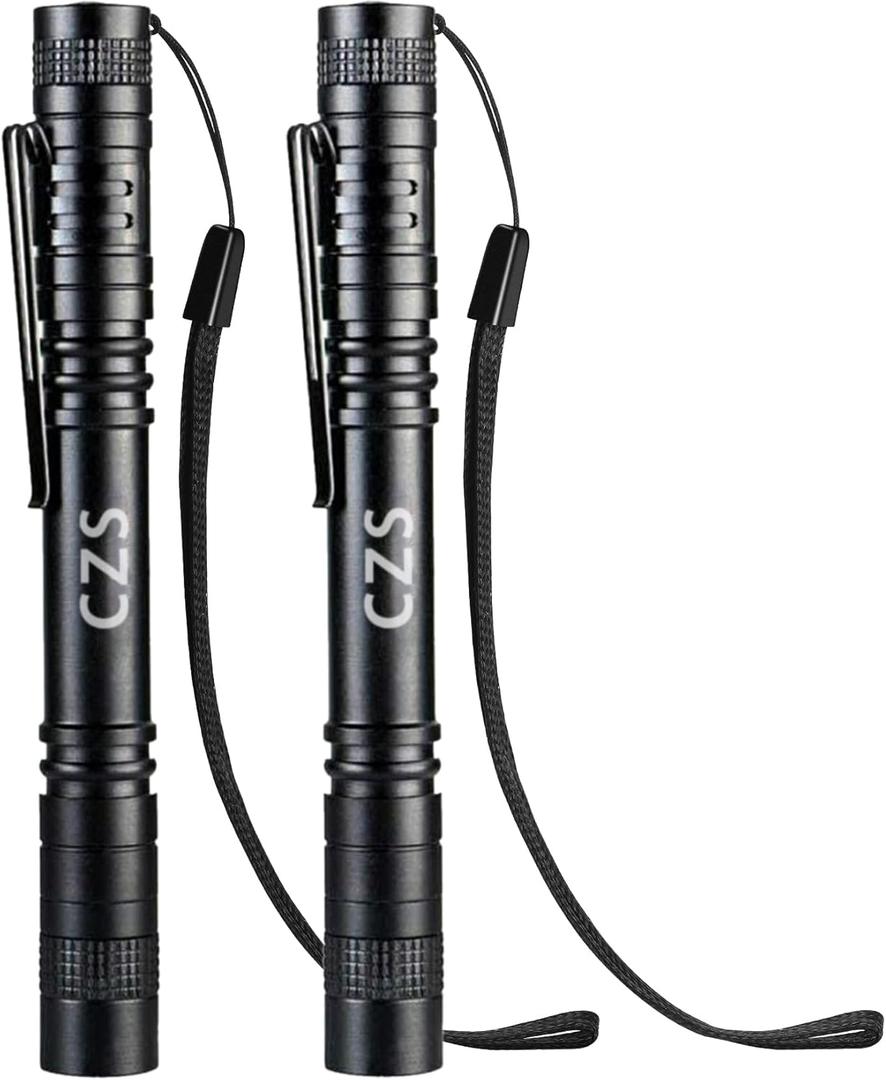 CZS Flashlight, 2 Pack Pen Light, Small Flashlights High Lumens, Battery-Powered LED Flashlight by 2AAA Battery, Waterproof Pocket Flashlights for Work, Emergency (Battery Not Included)