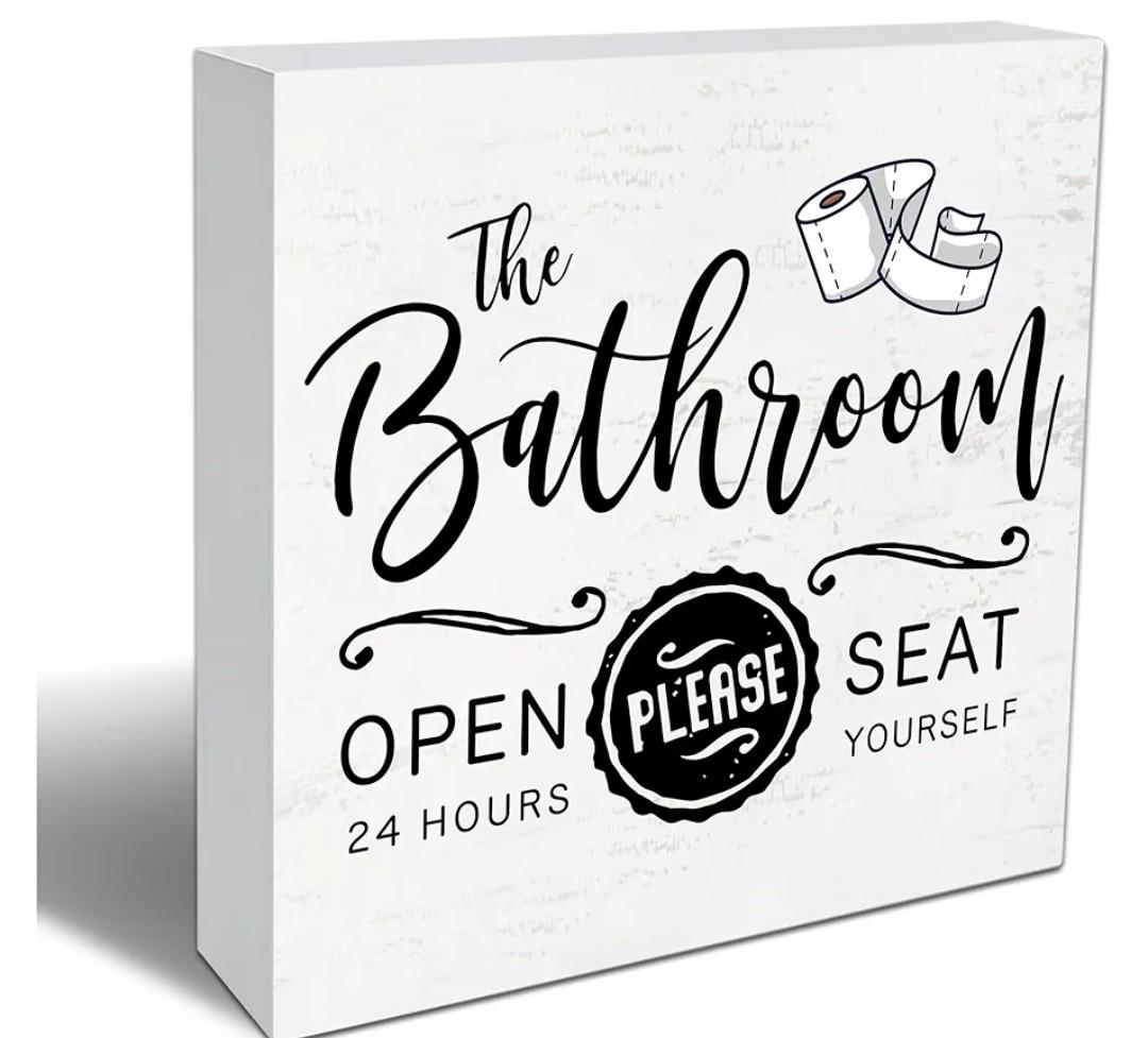 Funny Bathroom Wood Box Sign, Farmhouse Bathroom Quote Wooden Box Sign, Toilet Home Decor, For Living Room Bedroom Shelf Table Decoration, Gifts For Family Friend Coworker -04