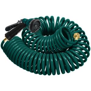 Coil Hose 25FT EVA Coil Garden Hose With 3/4'' Brass Connector Coiled Water Hose Lightweight And No Kink Includes 7 Patterns Spray Nozzle For Outdoors Lawn Watering Car Washing (Green)