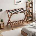 Bamboo Luggage Rack with Shoe Shelf Folding Suitcase Stand with 5 Heavy-Duty Straps for Guest Room Living Room Hotel Ideal Luggage Holder for Suitcases Bags Shoes, Walnut Brown