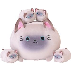 SQEQE Siamese Cat Plush, Cute Stuffed Animals Mommy with 4 Squishy Kitties, Soft Plush Pillow Gifts for Kids