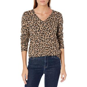 Amazon Essentials Women's Classic-Fit Lightweight Long-Sleeve V-Neck Sweater (S, Camel Leopard)