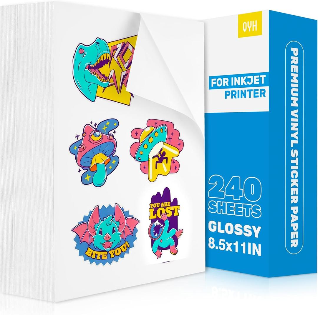 QYH Sticker Paper Printable Vinyl for Inkjet Printer - 240 Sheets White Glossy Sticker Papers 8.5x11 In Label Stickers for Cricut/Silhouette Waterproof Dries Quickly & Tear Resistant Easy to Cut