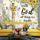 Spring Easter Backdrop Sunflower Jesus Cross Background with God All Things are Possible Banner Easter Christian Decorations for Home Office Photo Prop Booth (8x6FT)