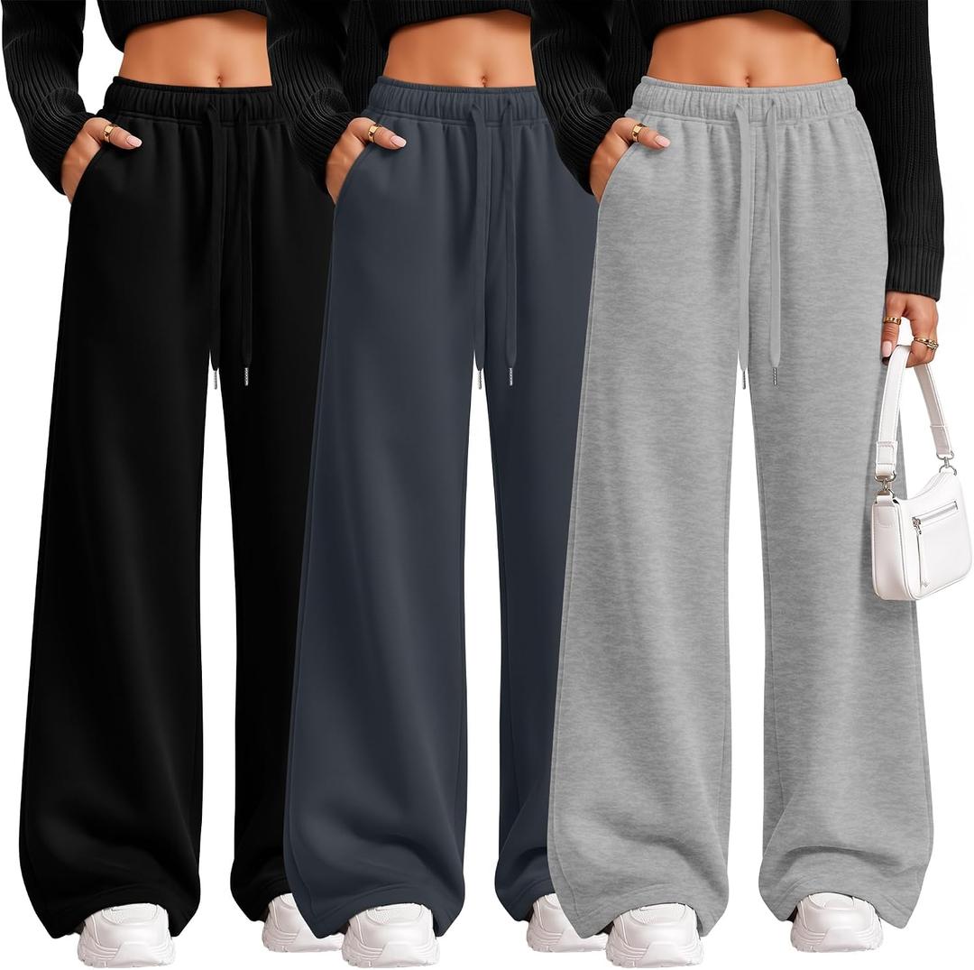 Riyiper 3 Pack Women's Wide Leg Sweatpants Baggy Lounge Pants (Black, S)