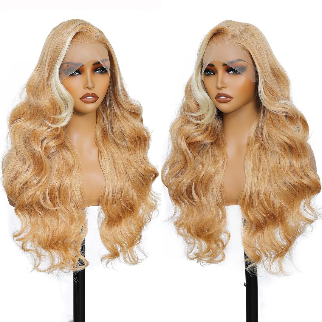 13x6 Synthetic Lace Front Wigs 26Inch Honey Blonde Highlight Wig Body Wave Free Part Pre Plucked Glueless Wigs with Baby Hair No Smell Wig