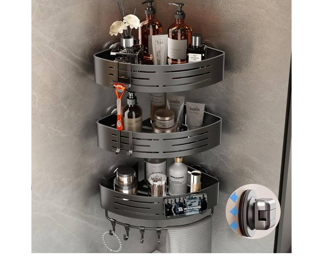 Corner Shower Caddy Suction Cup, Corner Shower Shelves No Drilling, Aluminum Upgrade Suction Cup Shower Organizer with Towel Bar & Hooks Removable Bathroom Storage Rack(3 Pack,Gray)