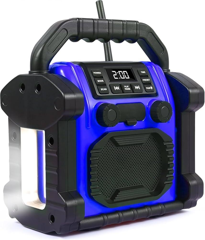 Radio Outdoor Speaker Bluetooth Wireless, IPX 66 Waterproof, 8000mAH Battery, Cell Phone Charging, Portable Job site Speaker with LED Lights,for Outdoor, Workshop, Garage (Blue)