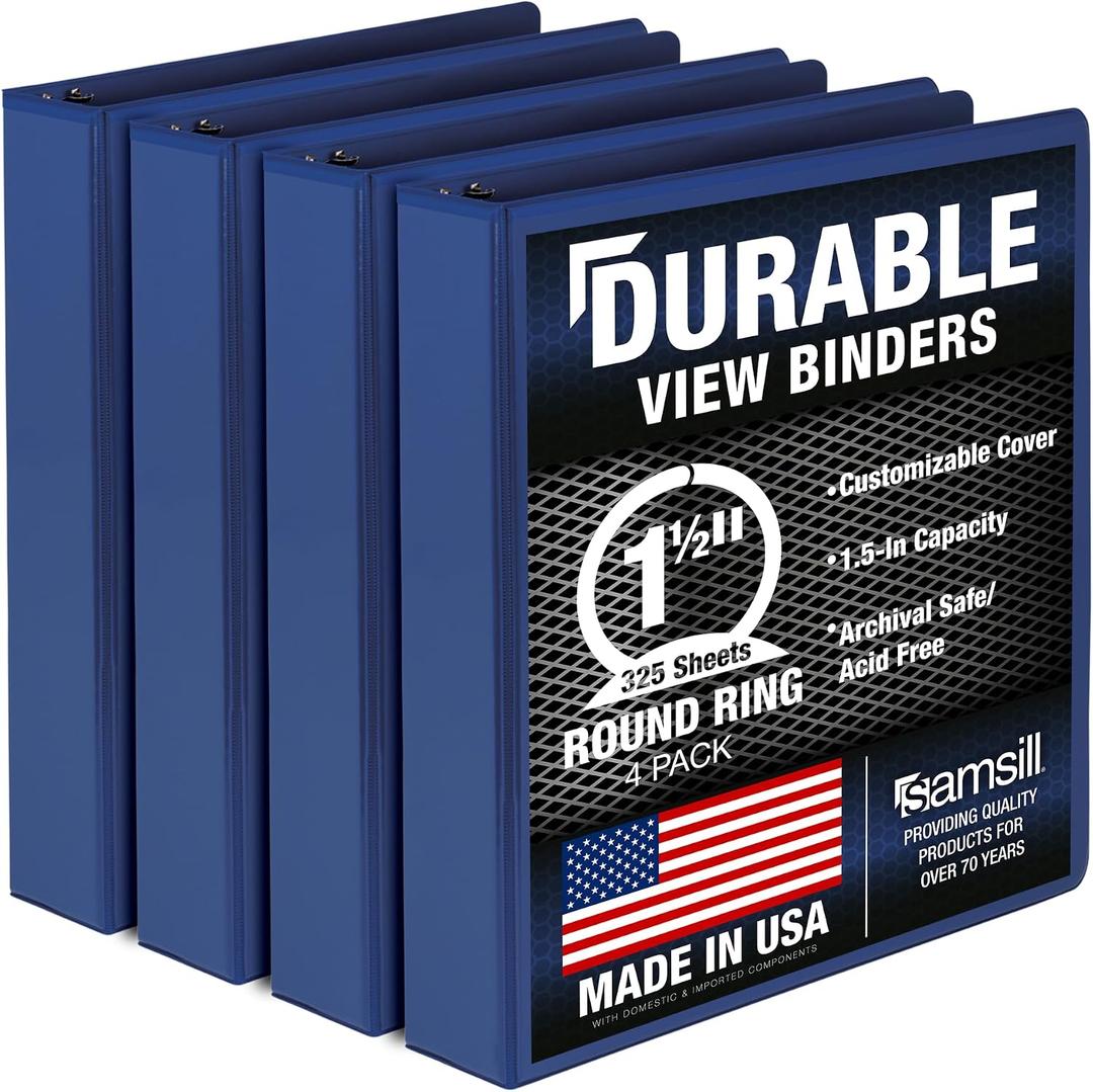 Samsill 4 Pack Durable 1.5 Inch 3 Ring Binders, Round Ring, Clear View Cover for Presentations, Blue
