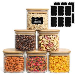 ComSaf 20 oz Glass Food Storage Jars Set of 6, Clear Storage Containers with Airtight Lids, Pantry Organization Jar, Spice Jar, Blooming Tea, Coffee and Sugar Container, Canister Set for Kitchen