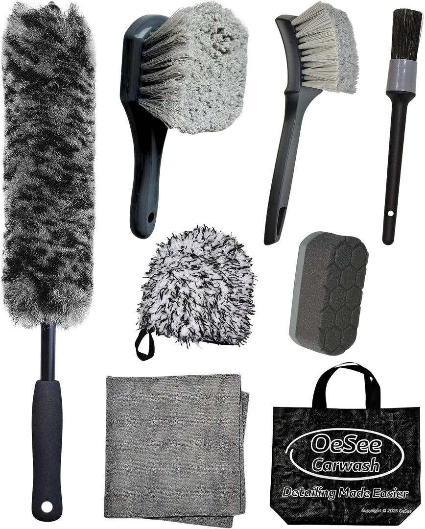 oesee 8PCS Pro Wheel Cleaning Kit - Synthetic Wool Brushes, Detailing Brush, Tire Brush, Wash Mitt, Drying Towel & Carry on Bag - Scratch-Free Rim Cleaning Kit