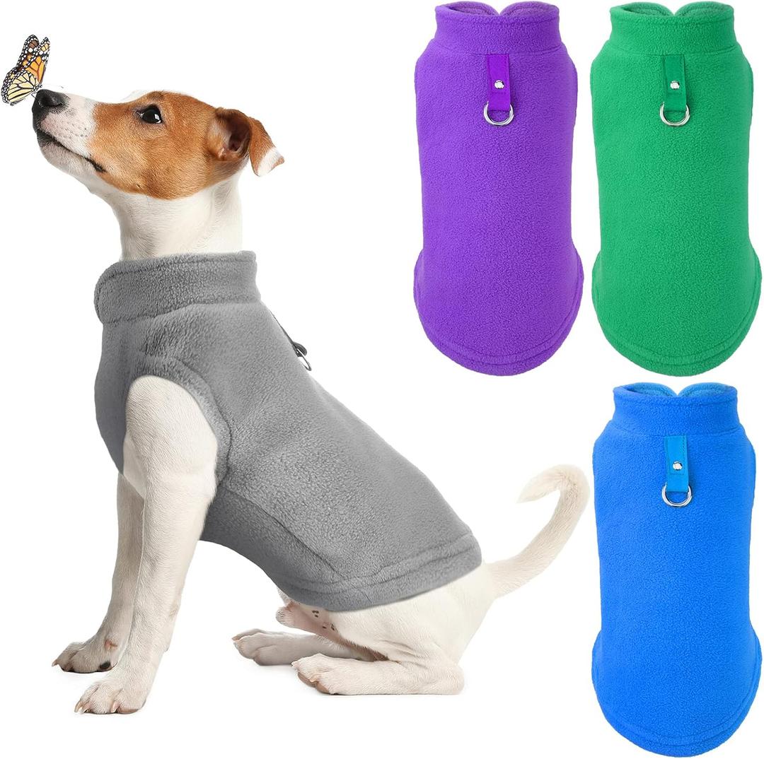 SATINIOR 4 Pieces Stretch Fleece Dog Sweater Polyester Warmer Vest Pullover Jacket with D-Ring Leash Cold Weather Coat Hoodie for Small and Medium Dogs(L,Gray, Green, Purple, Blue)