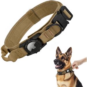 Tactical AirTag Dog Collar - Heavy Duty, Adjustable GPS Collar Compatible with Apple AirTag, with Holder & Control Handle for Medium/Large Dogs [ Brown, M ] (M(15"-18.5"))