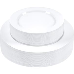 SETUP 60-Piece White Plastic Dinnerware Set  30 10.25" Dinner & 30 7.5" Salad Plates  Heavy-Duty Disposable for Weddings, Catering, Parties