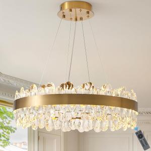 Modern Crystal Chandelier Gold LED Chandeliers 23 Round Pendant Light Fixture Dimmable Flush Mount Chandelier for Dining Room Foyer Kitchen, UL Listed (24 inches)