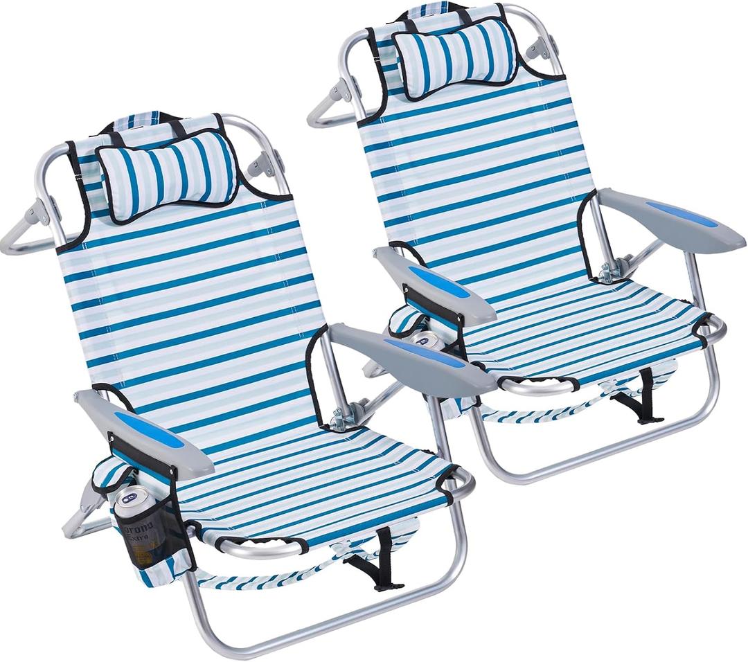 2 Pack Lightweight Portable Camping Beach Chair for Adults, Outdoor Lay Flat Folding Beach Chairs with 5 Positions, Backpack Beach Chair with Towel Bar, Zipper Pouch, Cup Holder, White Striped