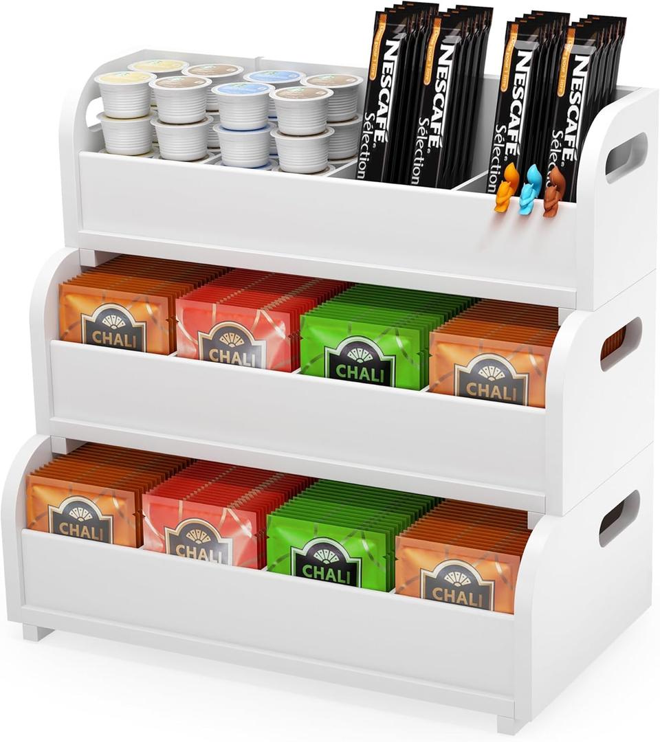 Tea Bag Organizer Storage Holder- Bamboo Countertop Teabag Display Rack 3-Tier Stackable Wall Mount Large Capacity for Pantry Kitchen Office Coffee Station (White)