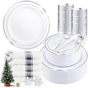 350Piece Silver Plastic Dinnerware Set for 50 Guests - Silver Plastic Plates with Cutlery Include:50Dinner Plates-50Dessert Plates-50Pre Rolled Napkins with Silverware for Christmas (White and Silver)