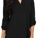 NILOUFO Womens Casual Summer Shirts Notch V Neck Blouses 3/4 Roll Sleeve Tops Tunics (Medium, Black)