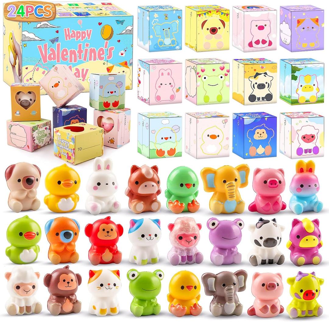 Valentines Day Gifts for Kids 24PCS Animal Squishy Toys, Slow Rising Stress Relief Toys, Goodie Bag Stuffers, Party Favors for Classroom Prizes