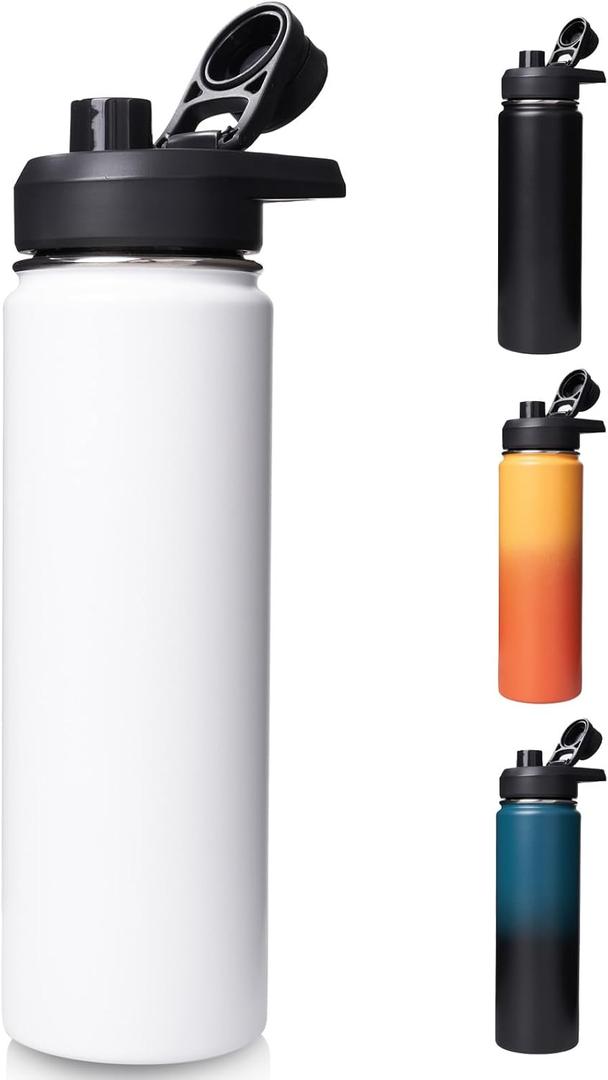 24 oz Insulated Water Bottle with Handle, 304 Stainless Steel Water Bottles with Wide Mouth, Double Wall Vacuum Sports Water Bottle, BPA Free, Keep Cold and Hot, White