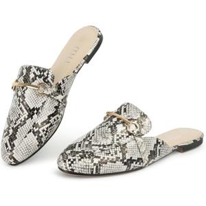 MUSSHOE Mules for Woman Buckle Flats Comfortable Slip on Women Mules Flats Shoes Backless Loafers (8.5, Snake Pu)