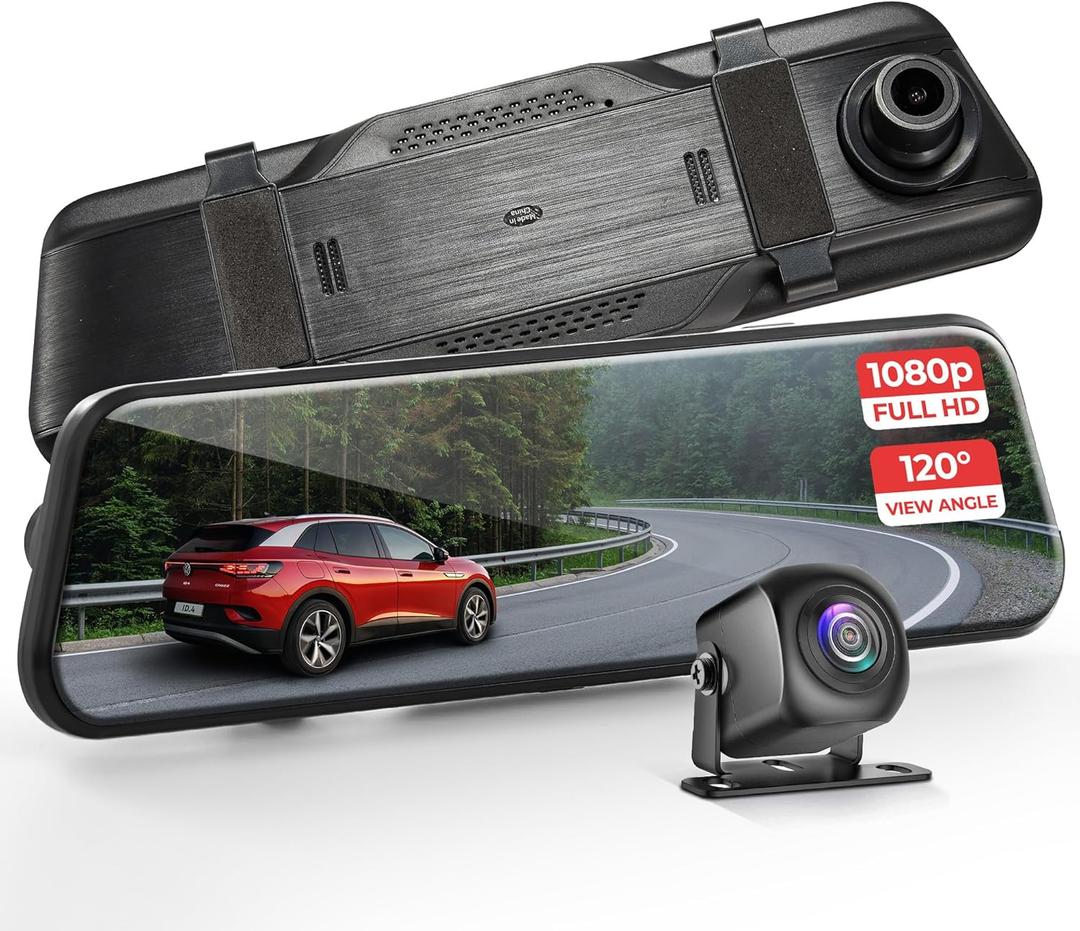 Pyle Dual Dash Cam Rearview Mirror, 1080p Full HD Front and Rear Car Camera with Night Vision, G-Sensor, Loop Recording, 9.66 Touchscreen, Backup Cam, Motion Detection, Wide-Angle Lens, 12" x 2" x 3"