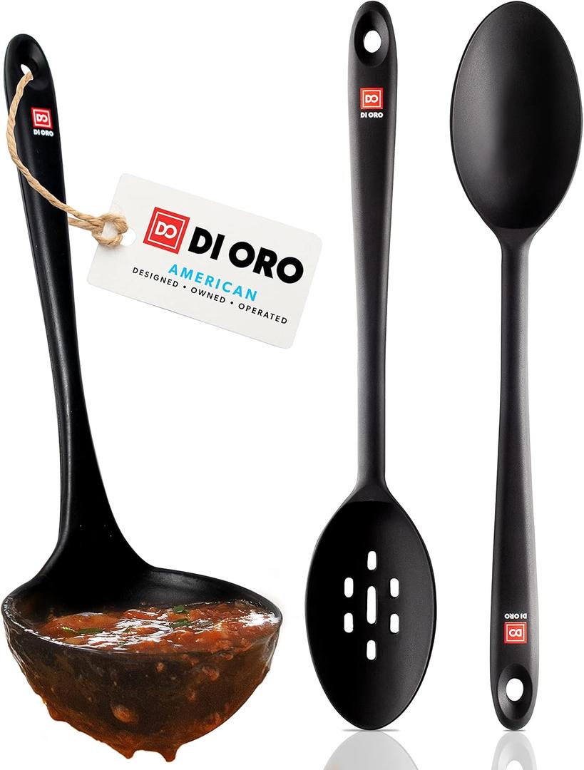 DI ORO Silicone Ladle & Spoons for Cooking  Large Kitchen Spoons for Mixing, Serving, & Stirring - Soup Ladle with Wide Bowl - High Heat Silicone Kitchen Utensils for Nonstick Cookware Safe (Black)