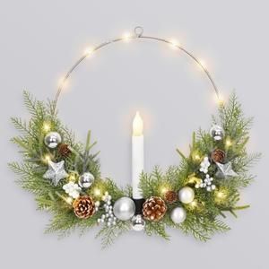 Christmas Wreath, Christmas Silver Hoop Wreaths with Lights, 16inch Christmas Wreath for Front Door with Flameless Candle, for Christmas Xams Wall Decorations, Modern Mantle Decor Gift