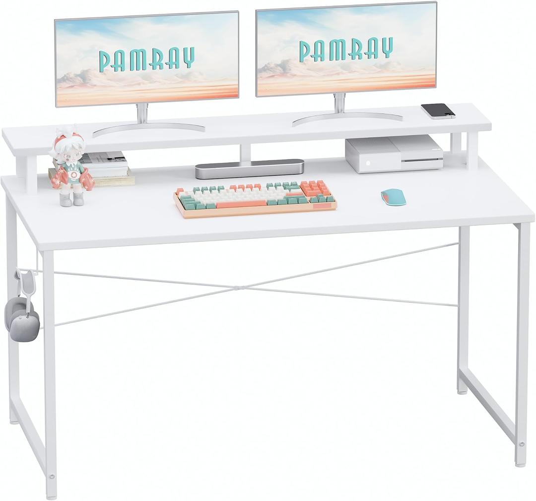 Pamray 47 Inch Small Computer Desk with Monitor Stand, Simple Office Desk with Headphone Hook for Small Spaces, Kids Study Writing Table for Bedroom, White