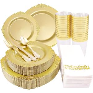 Morejoy 175PCS Solid Gold Plastic Plates with Gold Rim, Disposable Dinnerware Sets Include 25 Dinner Plates,25 Dessert Plates,25 Cutlery Sets,25Cups,25 Napkins Perfect for Party & Wedding