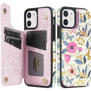 NNH Compatible with iPhone 12 Mini Wallet Case with RFID Blocking Card Slots Folio Flip PU Leather Kickstand Double Magnetic Clasp Design Cover for iPhone 12 Mini(5.4 inch-Colorful Butterfly Flowers)