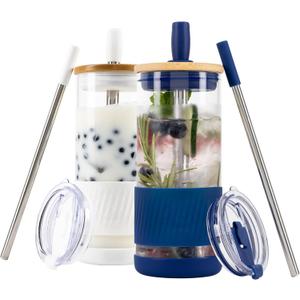 Pandaloo Glass Cups With Lids and Straws -20 Fl Oz- Perfect Size Iced Coffee Cup - Smoothie Cup With Bamboo Lid and On the go Lid - Glass Tumbler (2 Count (Pack of 1), Galactic Blue-Coton White)