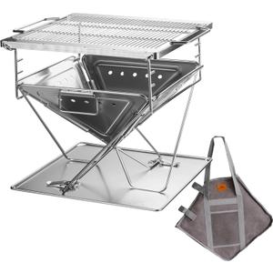 CAMPINGMOON 3 in 1 Flatpack Portable Fire Pit Grill 14 inch Foldable Stainless Steel Wood Burning Camping Stove Adjustable Height Overlanding Outdoor Cooking RV Trips Carry Bag included MT-045