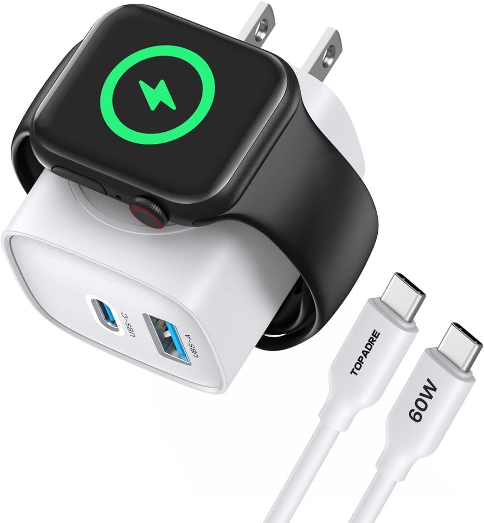 TOPADRE Charger for Apple Watch, USB C Charger Block, 3-in-1 20W Fast Charging, Portable Plug Travel Essential Charge for iWatch Ultra/SE/11/10/ 9/8/ 7/6, iPhone 16/16 Pro/ 15 Series, White