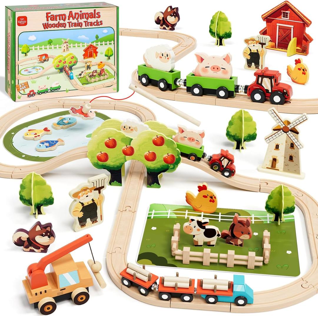Lehoo Castle Wooden Train Set for Toddlers 2-4, Wooden Train Track, Farm Animals Toys for Ages 3-5, 3 Year Old Boy Gift, Toys for 4 Year Old Boys