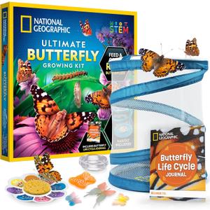 National Geographic Ultimate Butterfly Growing Kit  Butterfly Habitat Kit with Voucher to Redeem 5 Caterpillars (S&H Not Included), Glow-in-The-Dark Figures, Hands-On Activity, Easter Gifts for Kids