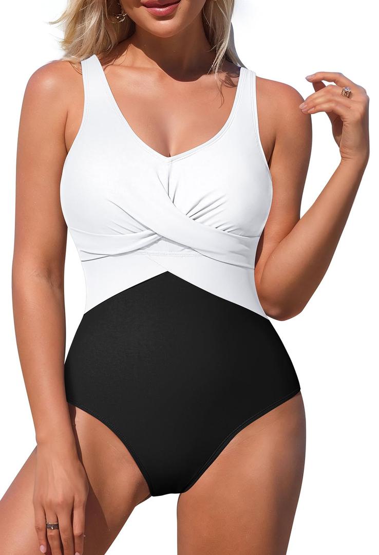 Pink Queen Women's Sexy One Piece Swimsuit Tummy Control V Neck Bathing Suits Colorblock Swimwear White and Black Small (S)