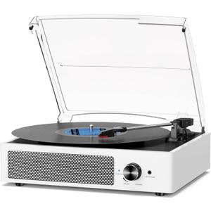 Record Player with Speakers Vintage Belt-Driven Turntable Bluetooth 3 Speed 3 Size Wireless Playback AUX-in RCA Out Headphone LP Vinyl Players Auto Stop Fashion White
